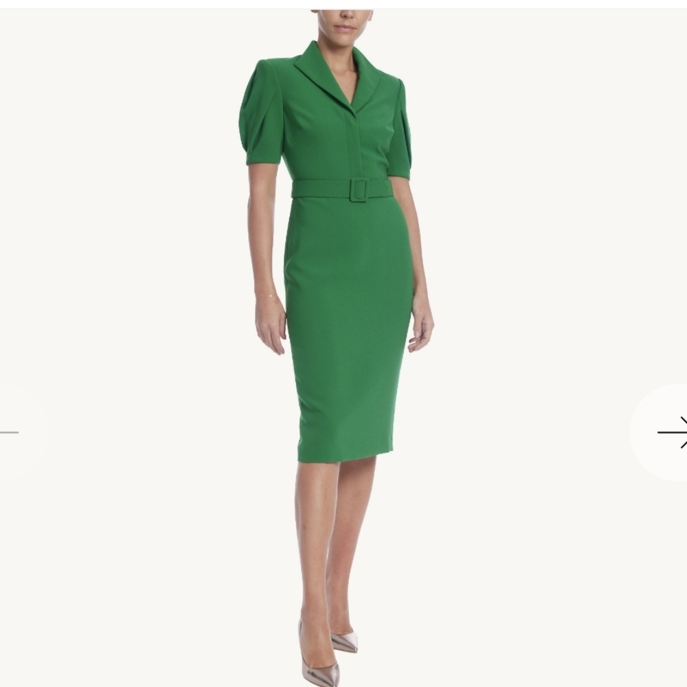 Badgley Mischka Collared Short Sleeve Sheath Dress With Belt Green Dress Size 4
